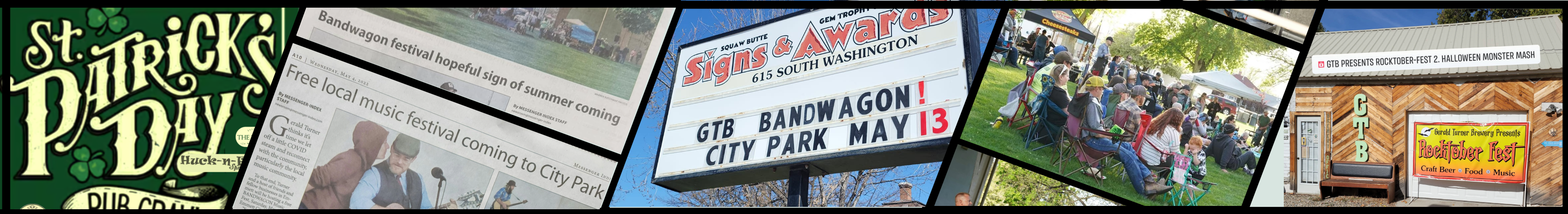 Gerald Turner Brewery events collage: St. Patrick's Day pub crawl, Bandwagon music fest, Squaw Butte's sign, audience, and Rocktoberfest banner
